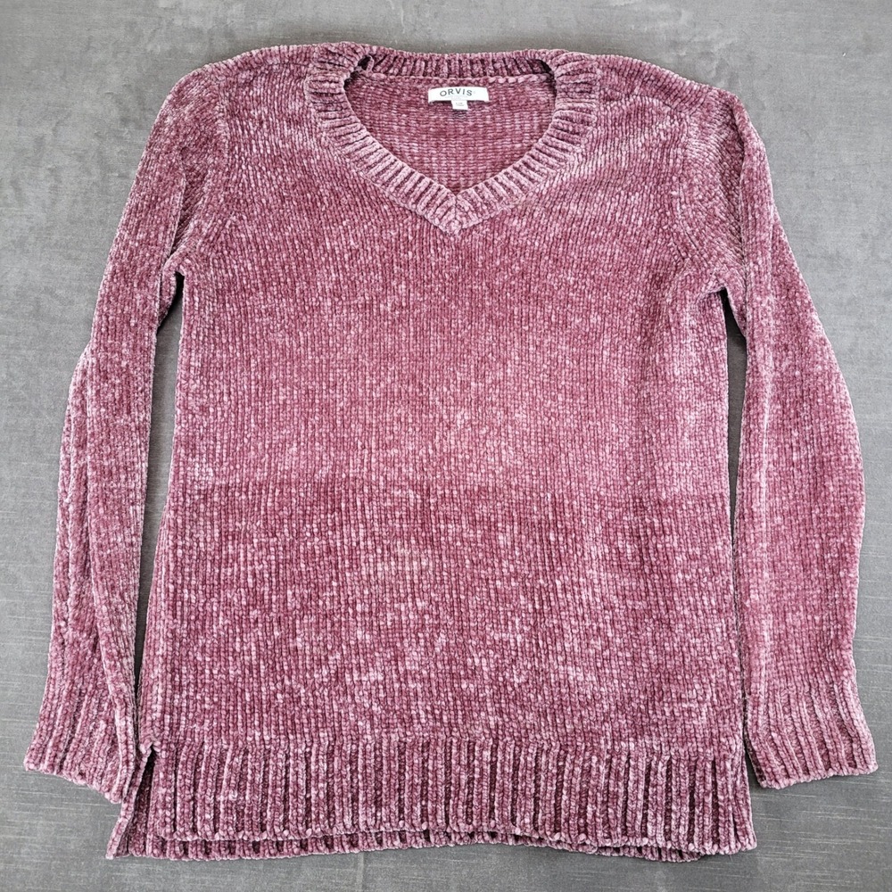 ORVIS Chenille V Neck Long Sleeve Sweater Polyester‎ Dusty Rose Large